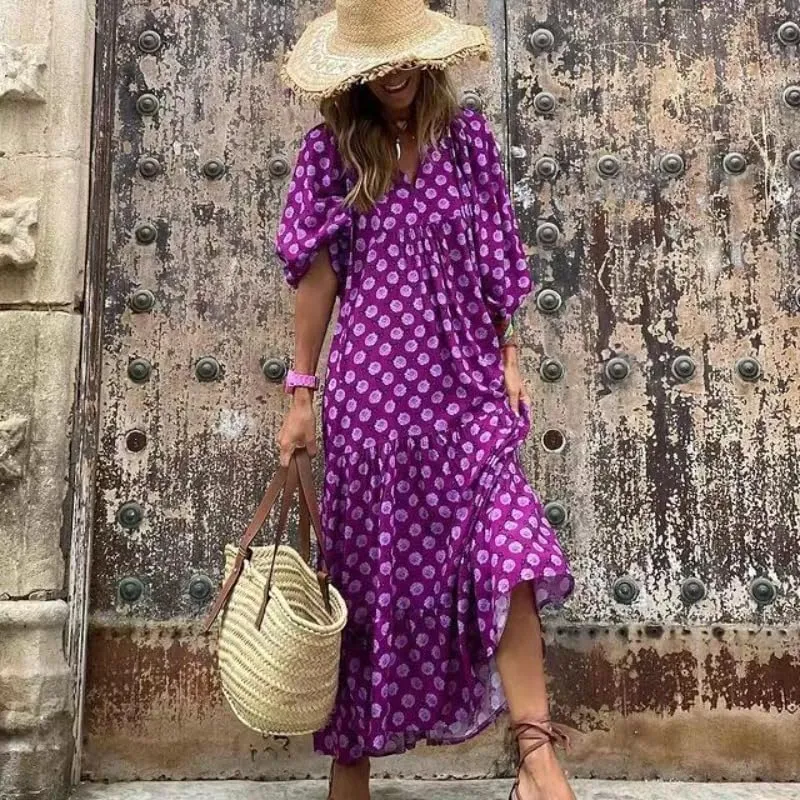 Womens 2024 Casual Boho Maxi Dresses V Neck 3/4 Puff Sleeve Geometric Pattern Smocked Ruffle Beach Long Sundress