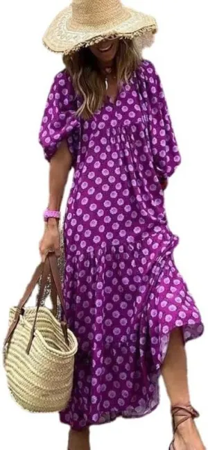 Womens 2024 Casual Boho Maxi Dresses V Neck 3/4 Puff Sleeve Geometric Pattern Smocked Ruffle Beach Long Sundress