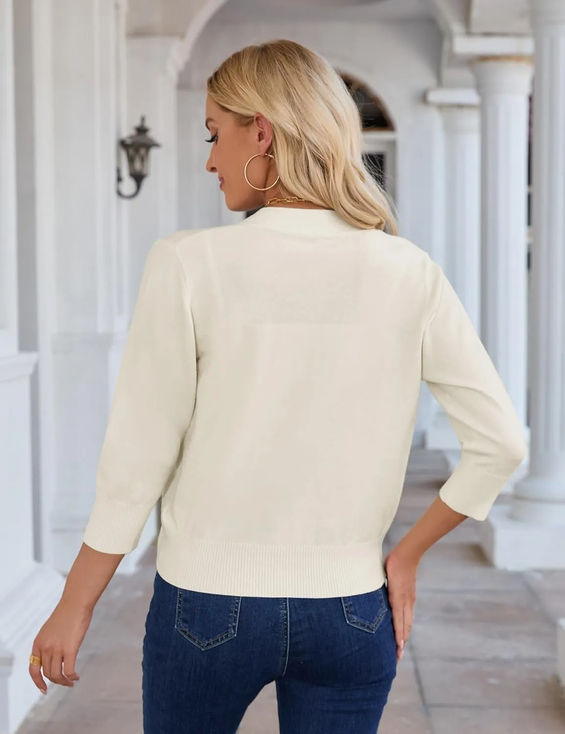 Women's 3/4 Sleeve Cropped Cardigan V Neck Solid Button Down Knit Bolero Shrugs Open Front Cardigans