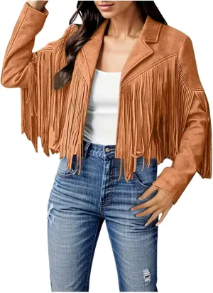 Womens Anorak Jacket Women Fringe Faux Suede Leather Jackets Fashion Tassel Motorcycle Cropped Jacket for Old