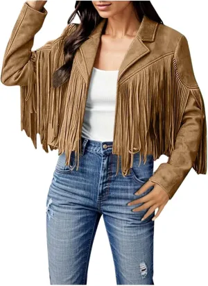 Womens Anorak Jacket Women Fringe Faux Suede Leather Jackets Fashion Tassel Motorcycle Cropped Jacket for Old