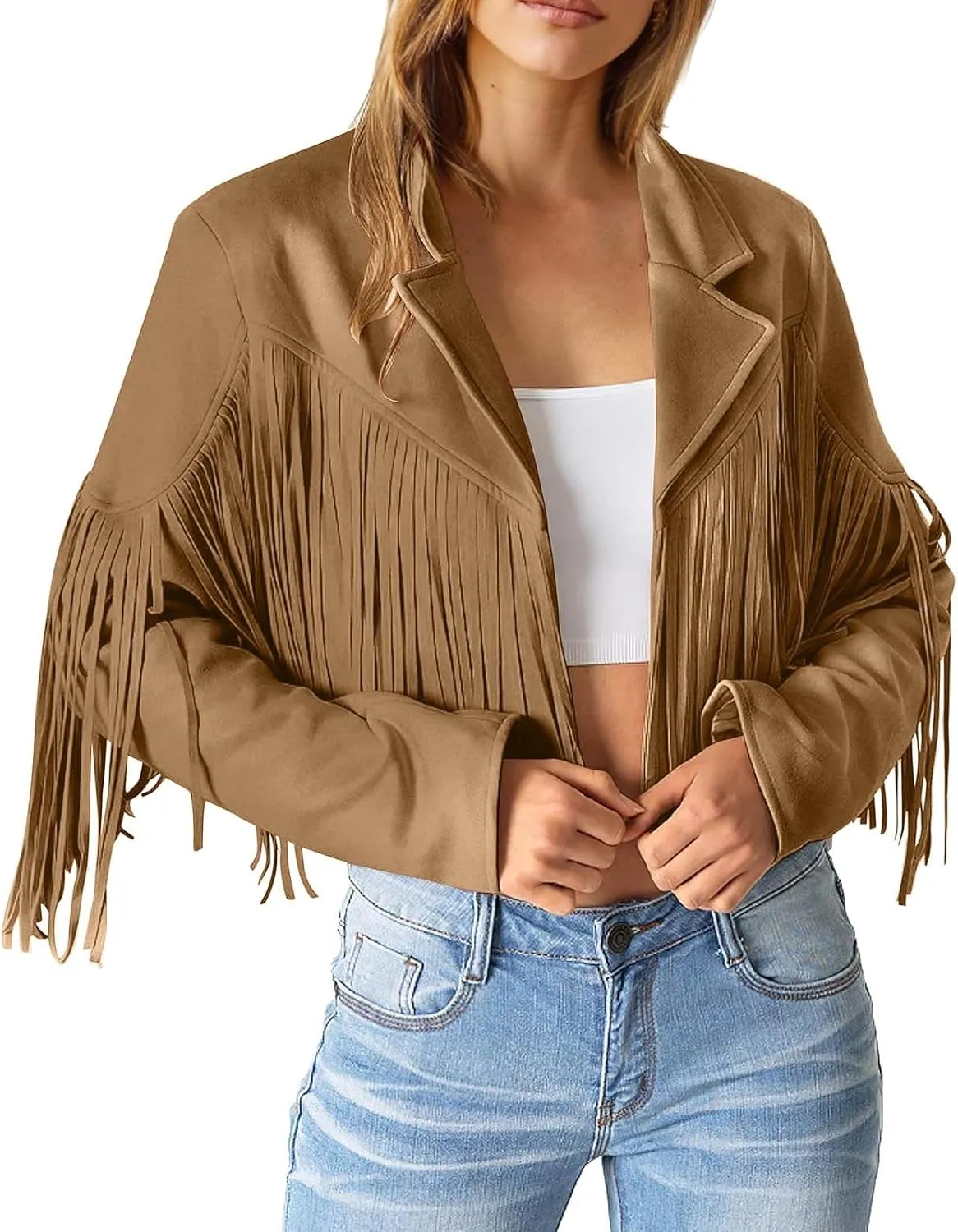 Womens Anorak Jacket Women Fringe Faux Suede Leather Jackets Fashion Tassel Motorcycle Cropped Jacket for Old
