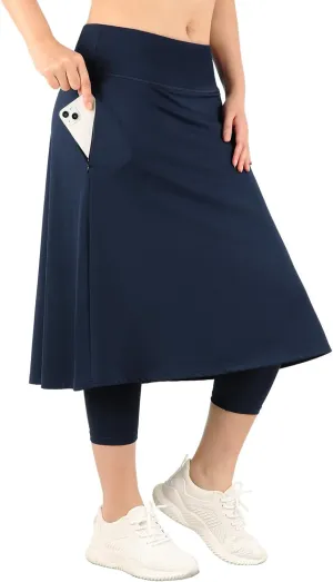 Womens Athletic Skirted Leggings with Pockets High Waisted Knee Length Skirts with Capris Leggings for Tennis