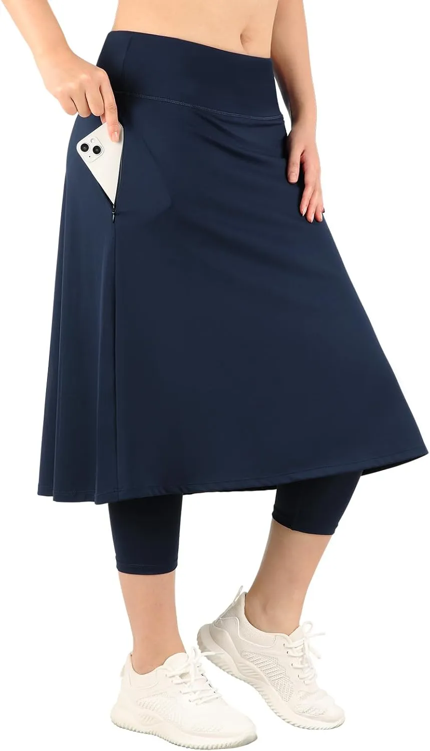 Womens Athletic Skirted Leggings with Pockets High Waisted Knee Length Skirts with Capris Leggings for Tennis