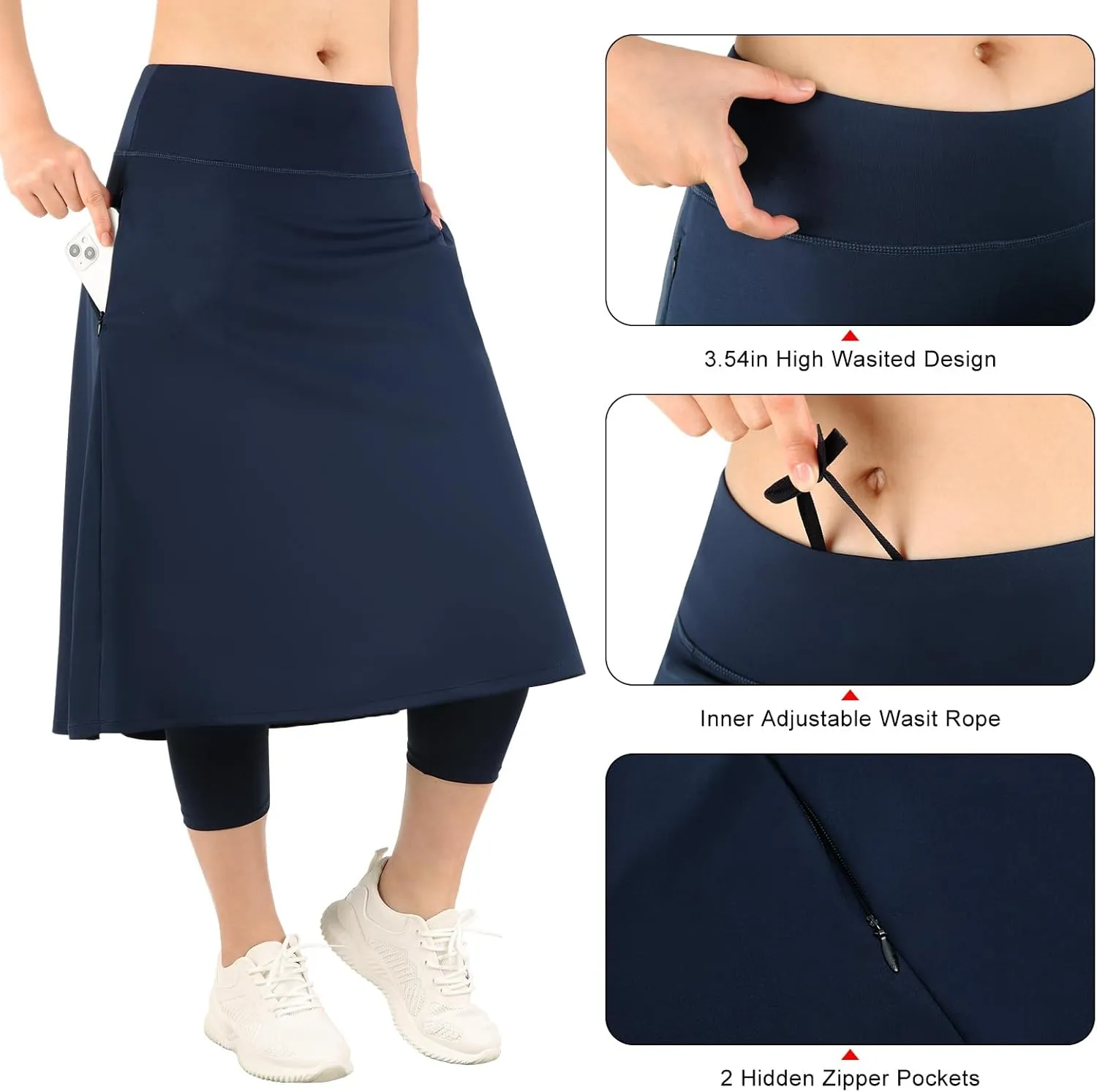 Womens Athletic Skirted Leggings with Pockets High Waisted Knee Length Skirts with Capris Leggings for Tennis