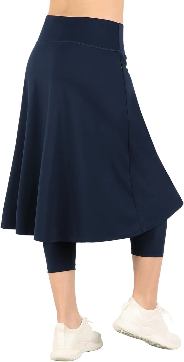 Womens Athletic Skirted Leggings with Pockets High Waisted Knee Length Skirts with Capris Leggings for Tennis