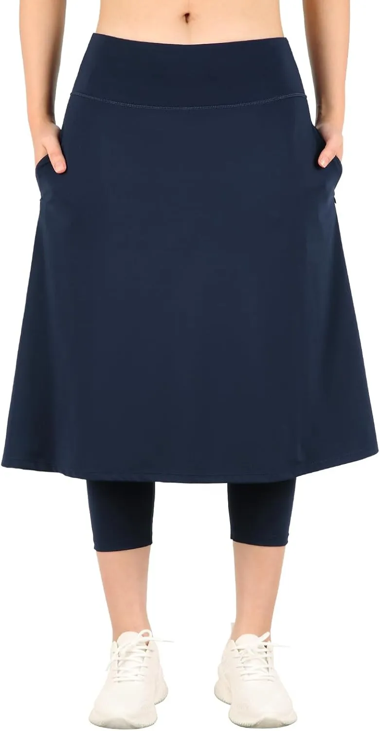 Womens Athletic Skirted Leggings with Pockets High Waisted Knee Length Skirts with Capris Leggings for Tennis
