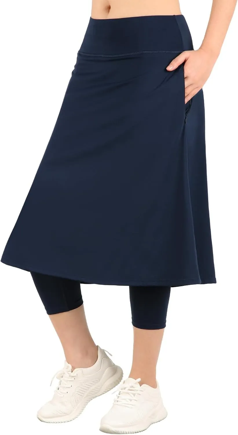 Womens Athletic Skirted Leggings with Pockets High Waisted Knee Length Skirts with Capris Leggings for Tennis