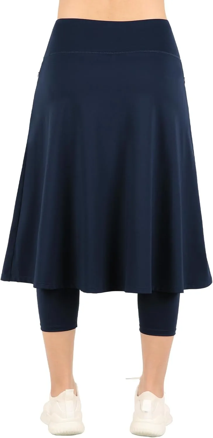 Womens Athletic Skirted Leggings with Pockets High Waisted Knee Length Skirts with Capris Leggings for Tennis