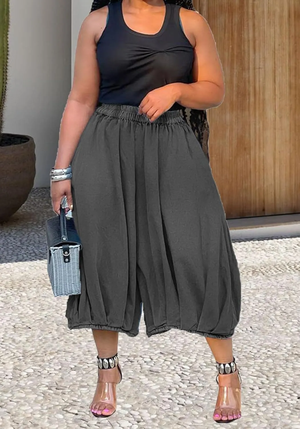 Women's Baggy Jeans Loose Elastic Waist Stretchy Denim Harem Pants Wide Leg Capri Jeans Streetwear