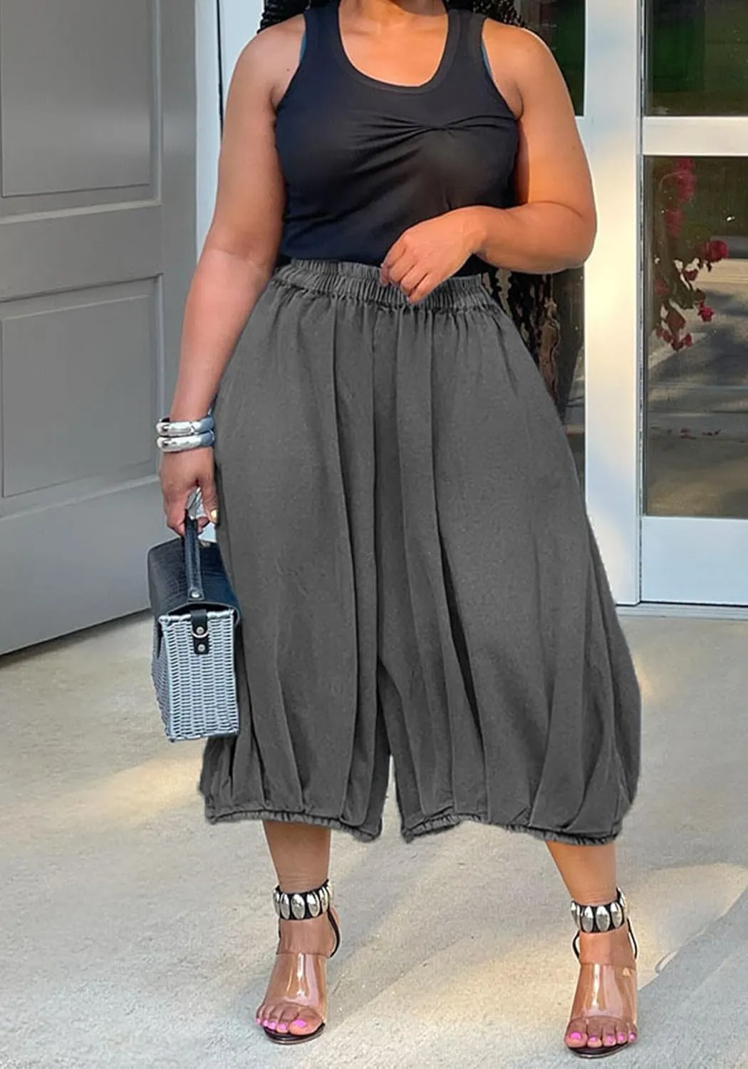 Women's Baggy Jeans Loose Elastic Waist Stretchy Denim Harem Pants Wide Leg Capri Jeans Streetwear