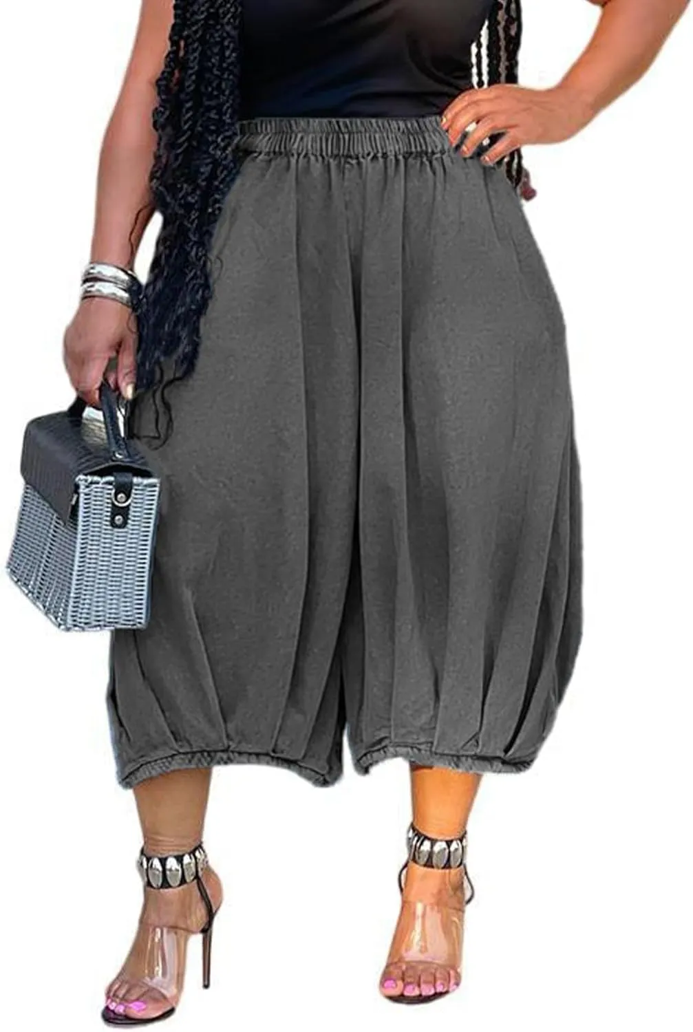 Women's Baggy Jeans Loose Elastic Waist Stretchy Denim Harem Pants Wide Leg Capri Jeans Streetwear