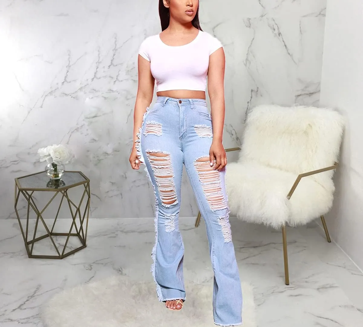 Women's Bell Bottom Jeans Classic Destoryed Ripped Flare Jeans Elastic Waist Raw Hem Denim Pants
