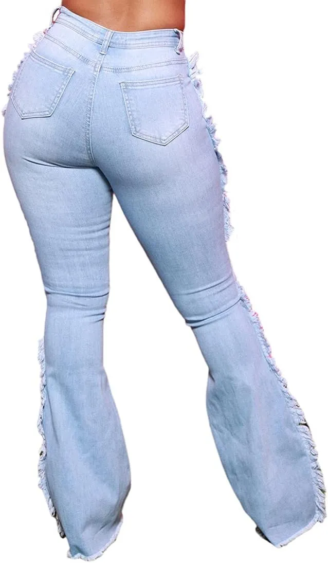 Women's Bell Bottom Jeans Classic Destoryed Ripped Flare Jeans Elastic Waist Raw Hem Denim Pants
