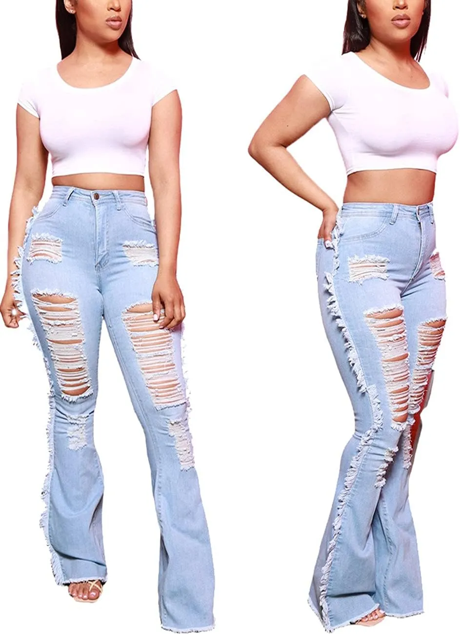 Women's Bell Bottom Jeans Classic Destoryed Ripped Flare Jeans Elastic Waist Raw Hem Denim Pants