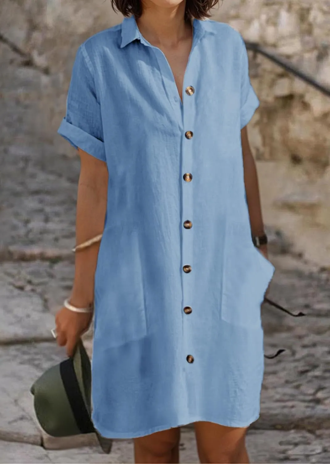 Womens Button Down Cotton Linen Shirt Dress Short Sleeve Casual Loose Summer Beach Midi Dresses with Pockets