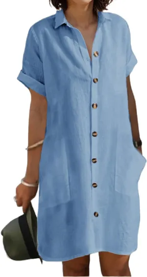 Womens Button Down Cotton Linen Shirt Dress Short Sleeve Casual Loose Summer Beach Midi Dresses with Pockets