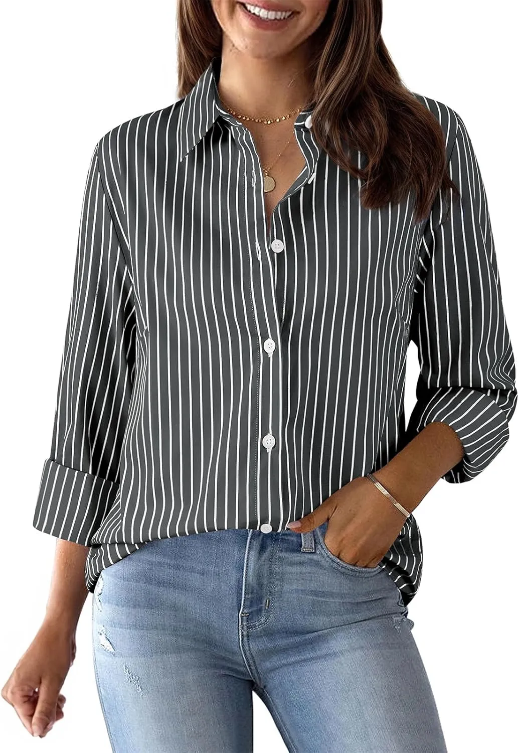 Womens Button Down Shirts Cotton Striped Dress Shirt Long Sleeve Collared Office Work Pinstripes Blouses Tops