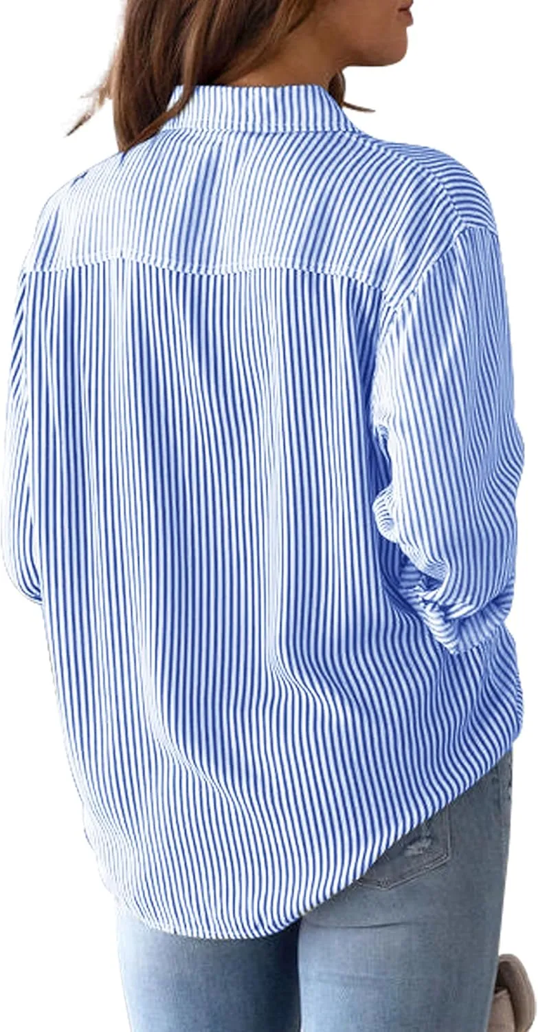 Womens Button Down Shirts Cotton Striped Dress Shirt Long Sleeve Collared Office Work Pinstripes Blouses Tops