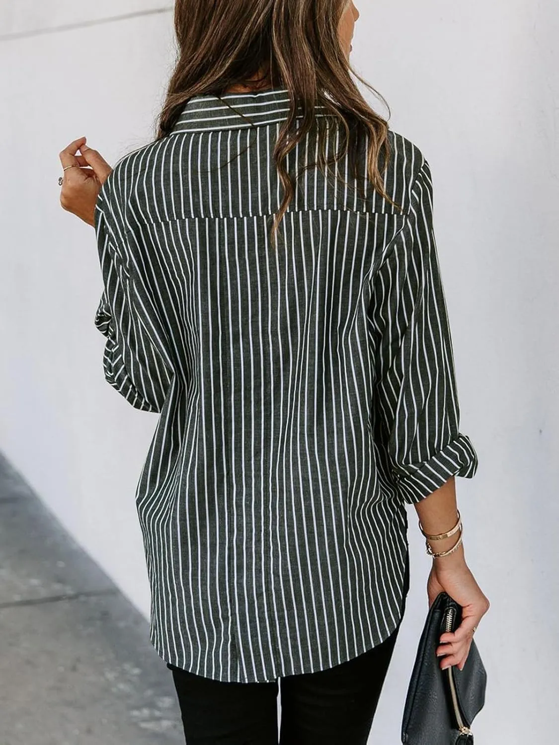 Womens Button Down Shirts Cotton Striped Dress Shirt Long Sleeve Collared Office Work Pinstripes Blouses Tops
