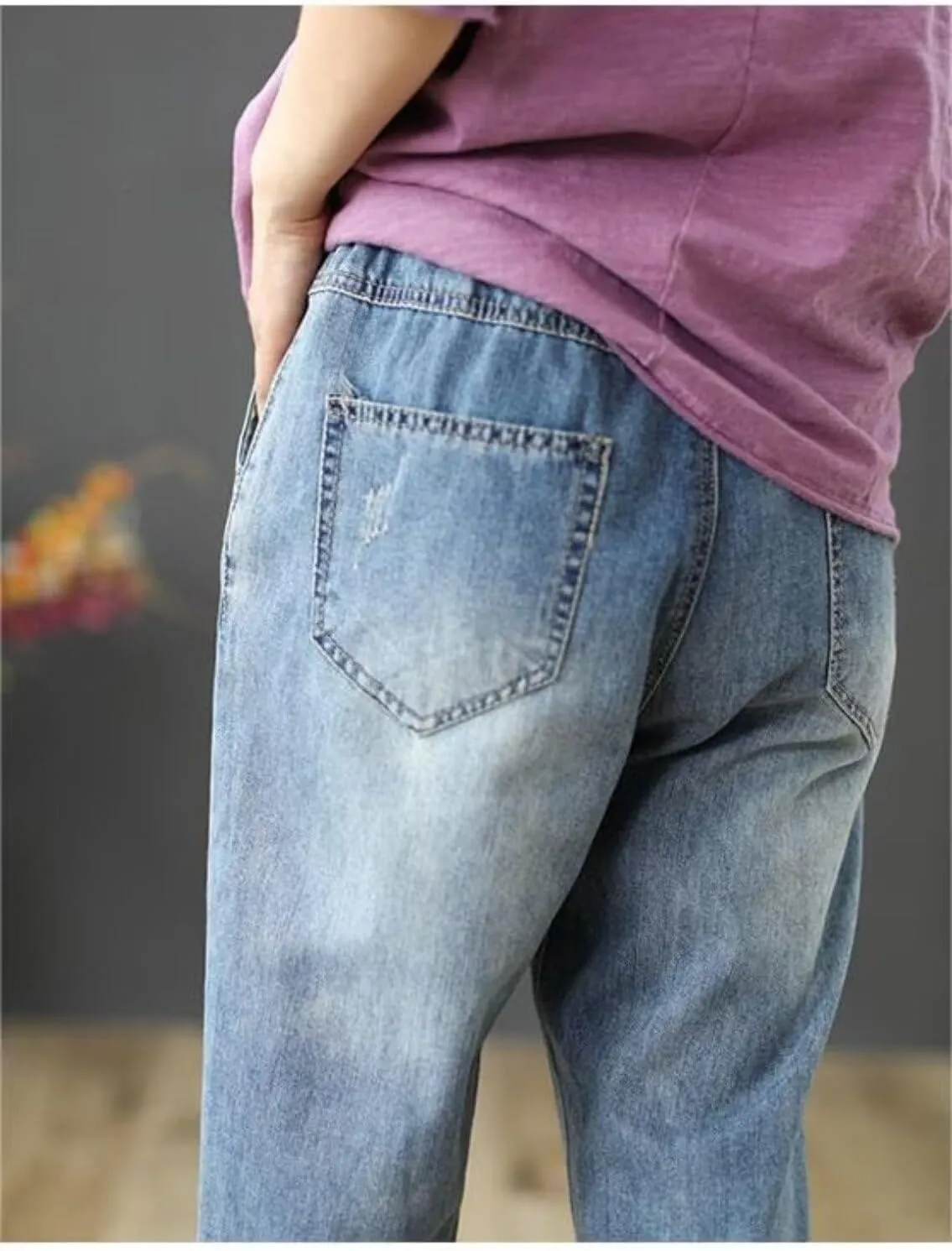 Womens Casual Loose Cropped Denim Jeans Elastic Waist Drawstring Floral Embroidered Capri Jeans Harem Denim Pants