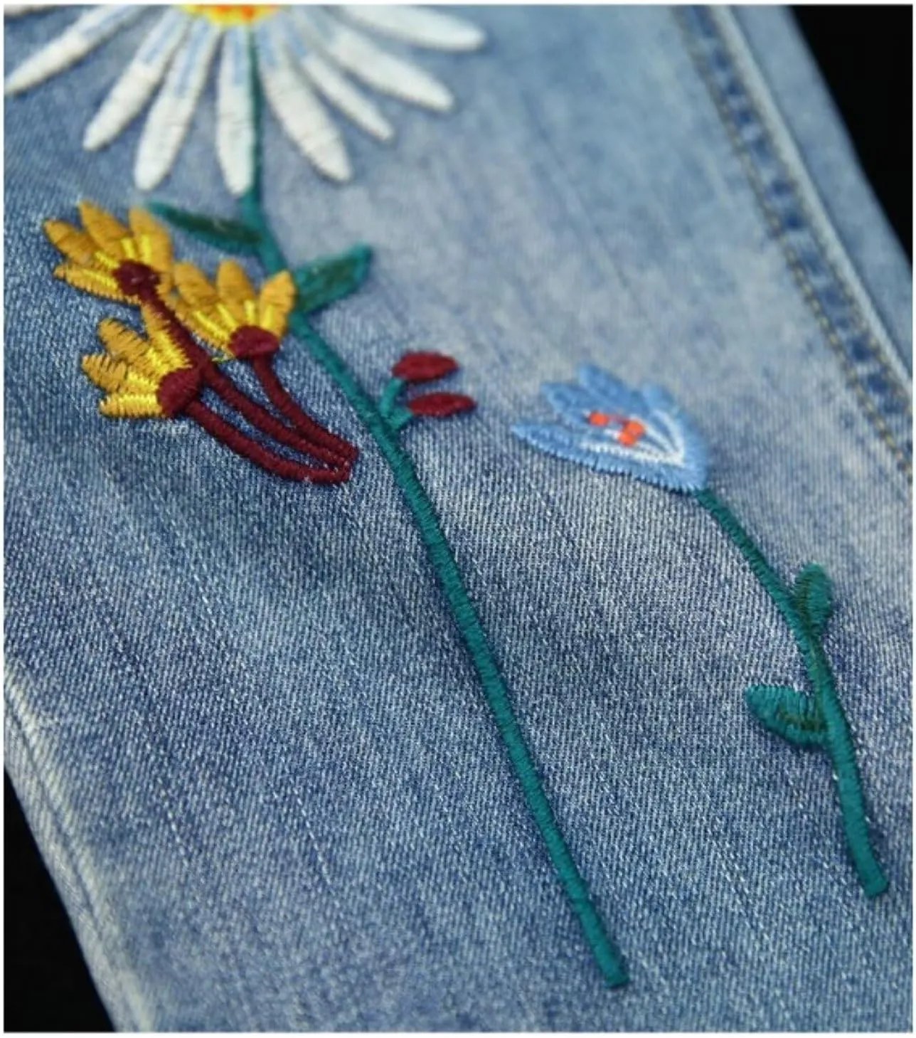 Womens Casual Loose Cropped Denim Jeans Elastic Waist Drawstring Floral Embroidered Capri Jeans Harem Denim Pants