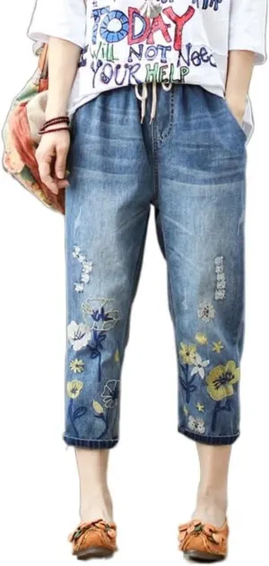 Womens Casual Loose Cropped Denim Jeans Elastic Waist Drawstring Floral Embroidered Capri Jeans Harem Denim Pants