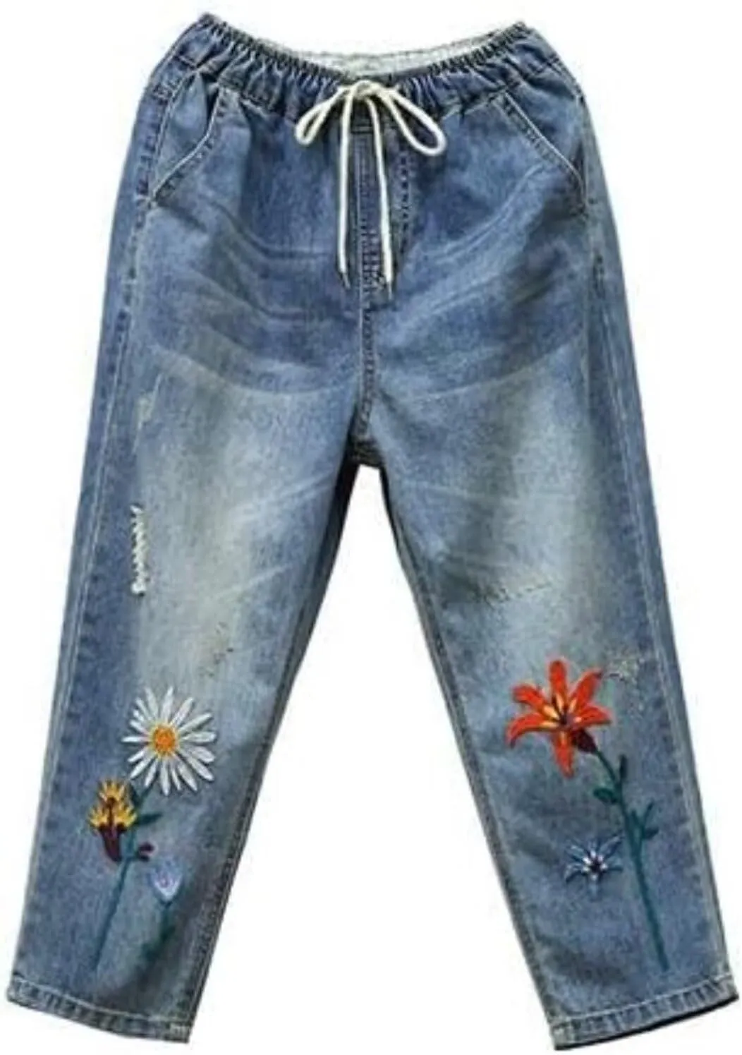 Womens Casual Loose Cropped Denim Jeans Elastic Waist Drawstring Floral Embroidered Capri Jeans Harem Denim Pants