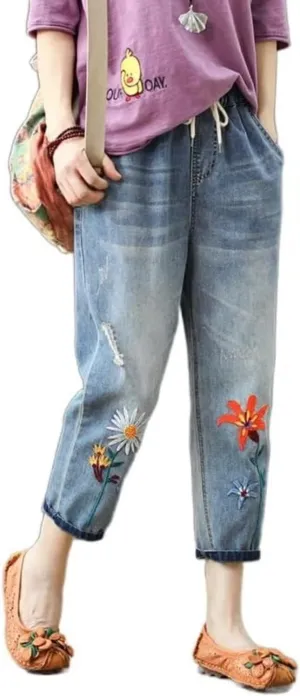 Womens Casual Loose Cropped Denim Jeans Elastic Waist Drawstring Floral Embroidered Capri Jeans Harem Denim Pants