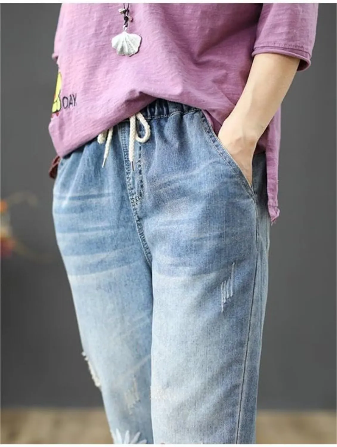 Womens Casual Loose Cropped Denim Jeans Elastic Waist Drawstring Floral Embroidered Capri Jeans Harem Denim Pants