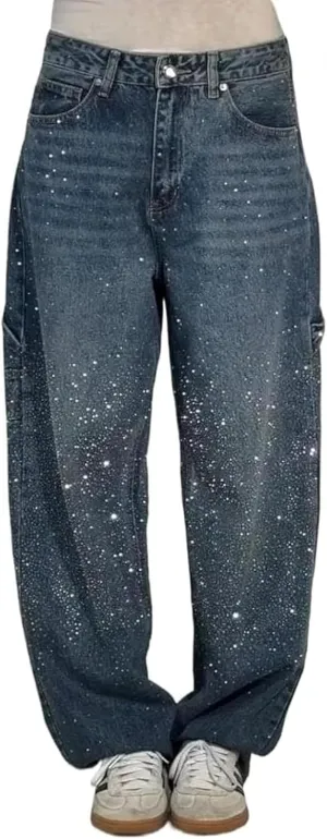 Women's Casual Rhinestone Loose Harem Jeans, High Waisted Rhinestone Jeans for Women, Wide Leg Bling Denim Pants