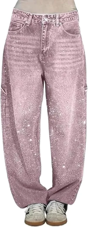 Women's Casual Rhinestone Loose Harem Jeans, High Waisted Rhinestone Jeans for Women, Wide Leg Bling Denim Pants