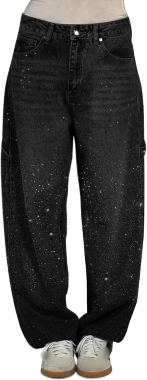 Women's Casual Rhinestone Loose Harem Jeans, Jeans with Rhinestones for Women, Straight Wide Leg Bling Denim Pants