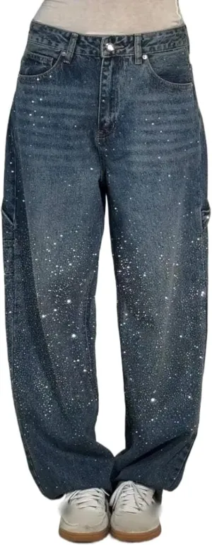 Women's Casual Rhinestone Loose Harem Jeans, Jeans with Rhinestones for Women, Straight Wide Leg Bling Denim Pants