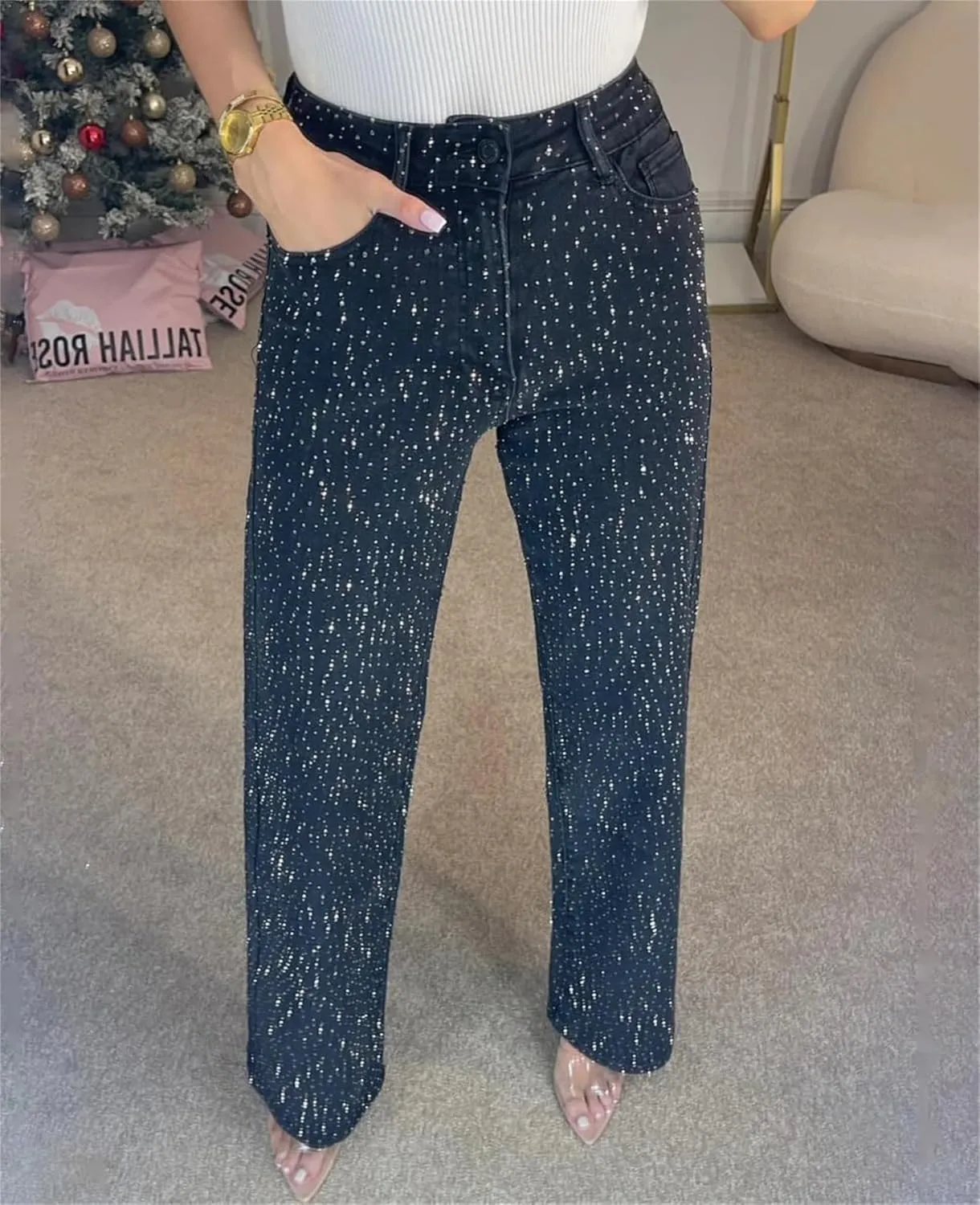 Women's Casual Rhinestone Loose Harem Jeans Low-Waisted Wide Leg Straight Sparkly Denim Pants with Bling for Women