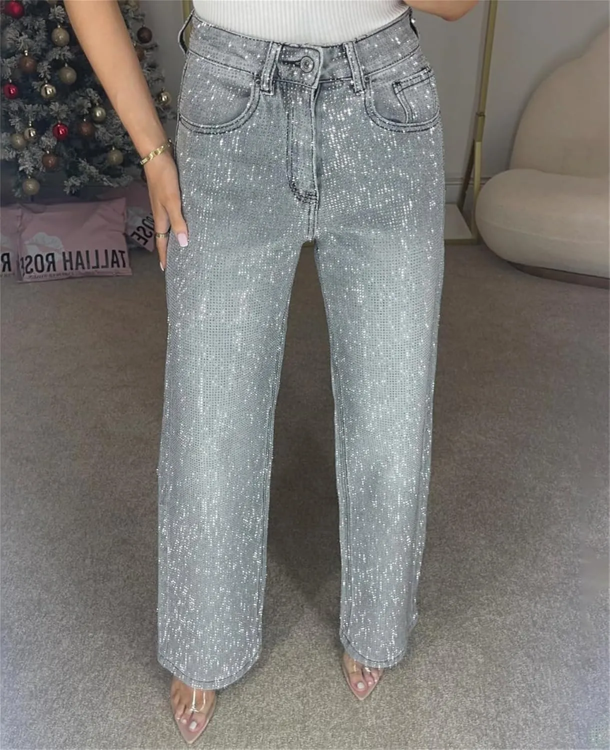 Women's Casual Rhinestone Loose Harem Jeans Low-Waisted Wide Leg Straight Sparkly Denim Pants with Bling for Women