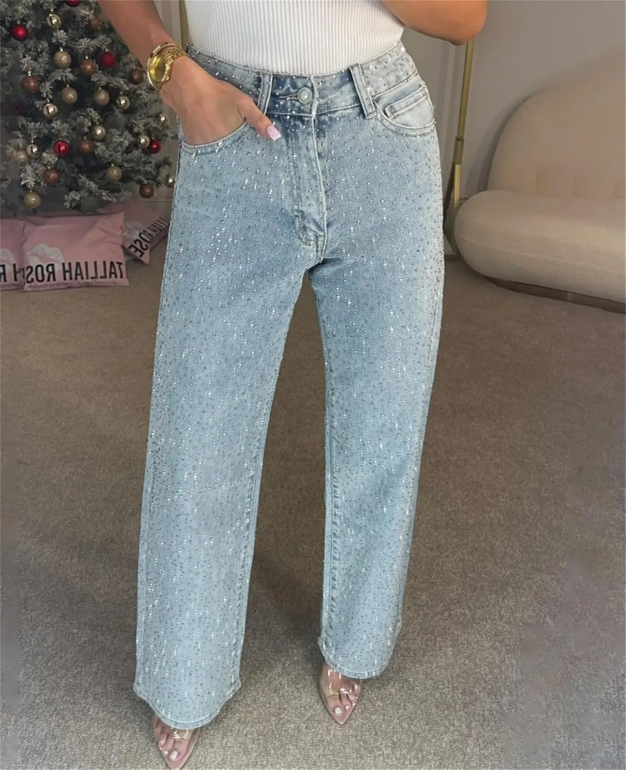 Women's Casual Rhinestone Loose Harem Jeans Low-Waisted Wide Leg Straight Sparkly Denim Pants with Bling for Women