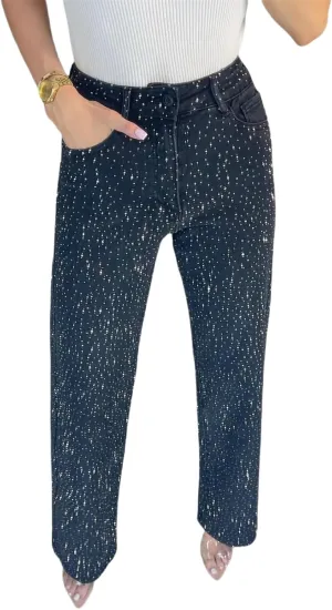 Women's Casual Rhinestone Loose Harem Jeans Low-Waisted Wide Leg Straight Sparkly Denim Pants with Bling for Women