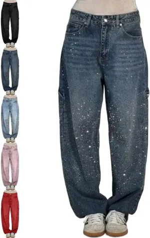Women's Casual Rhinestone Loose Harem Jeans,Womens High Waisted Baggy Rhinestone Jeans,Straight Wide Leg Bling Denim Pants