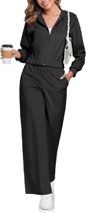 Womens Casual Velour Tracksuit Set Fall Sweatsuits 2 Piece Outfits Lounge Sets Full Zipper Hoodie Wide Leg Pants Set