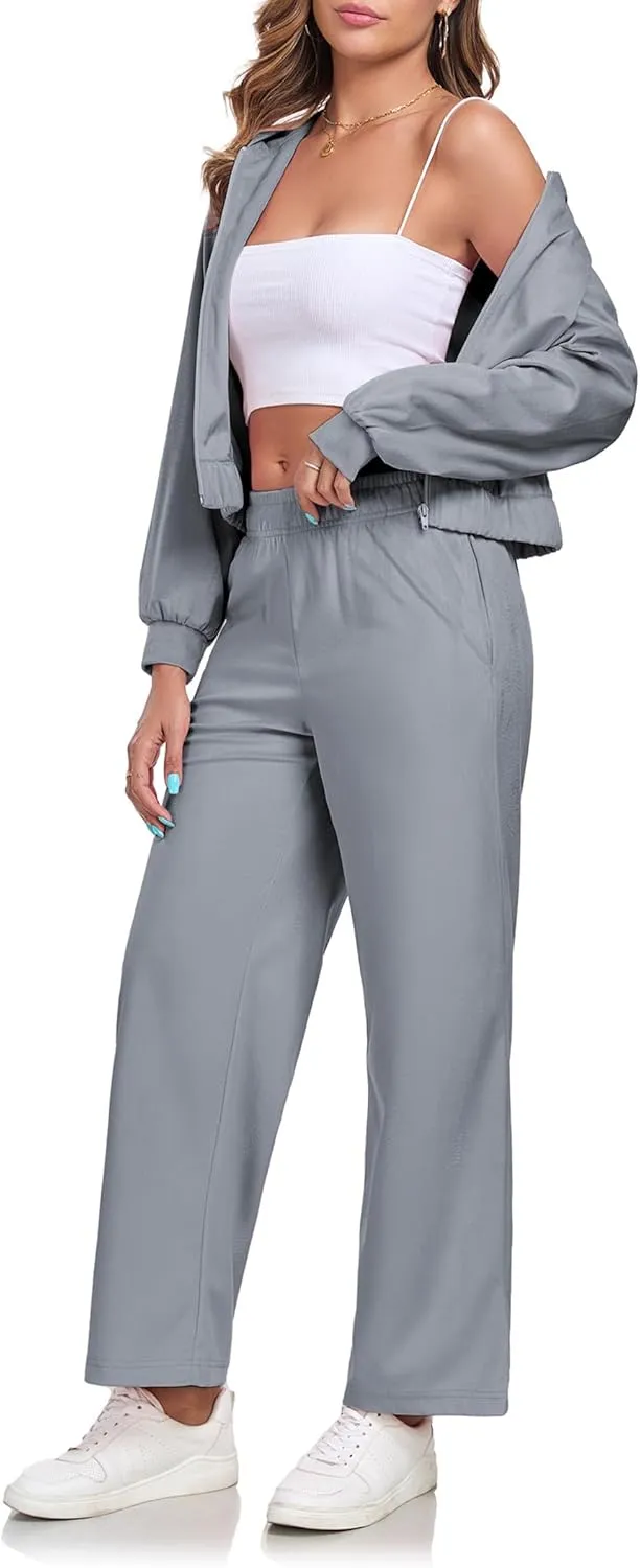 Womens Casual Velour Tracksuit Set Fall Sweatsuits 2 Piece Outfits Lounge Sets Full Zipper Hoodie Wide Leg Pants Set