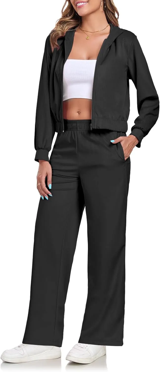 Womens Casual Velour Tracksuit Set Fall Sweatsuits 2 Piece Outfits Lounge Sets Full Zipper Hoodie Wide Leg Pants Set