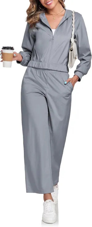 Womens Casual Velour Tracksuit Set Fall Sweatsuits 2 Piece Outfits Lounge Sets Full Zipper Hoodie Wide Leg Pants Set