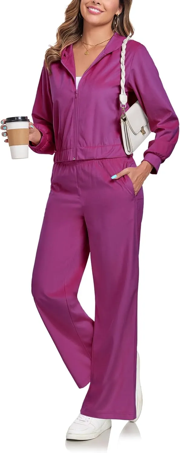 Womens Casual Velour Tracksuit Set Fall Sweatsuits 2 Piece Outfits Lounge Sets Full Zipper Hoodie Wide Leg Pants Set