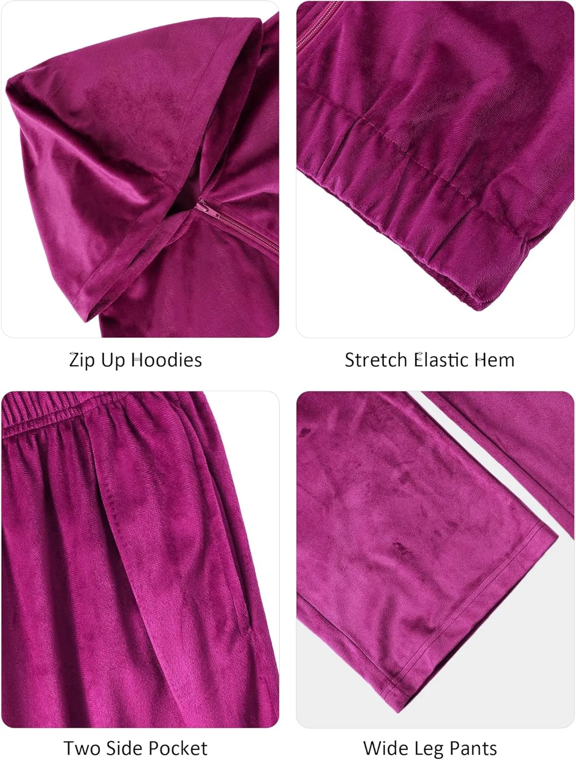 Womens Casual Velour Tracksuit Set Fall Sweatsuits 2 Piece Outfits Lounge Sets Full Zipper Hoodie Wide Leg Pants Set