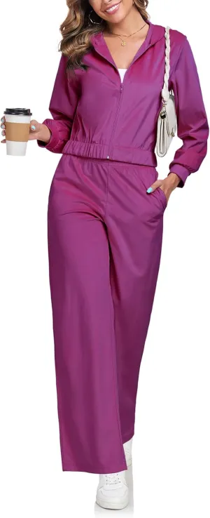 Womens Casual Velour Tracksuit Set Fall Sweatsuits 2 Piece Outfits Lounge Sets Full Zipper Hoodie Wide Leg Pants Set