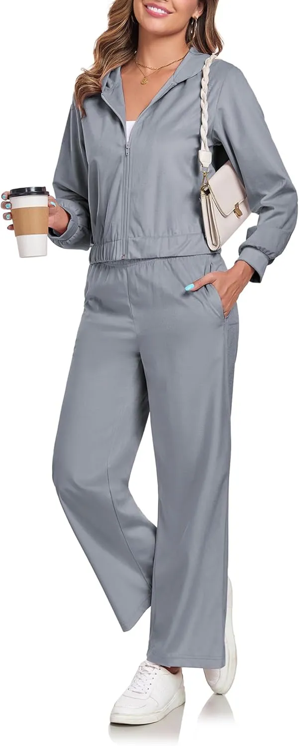 Womens Casual Velour Tracksuit Set Fall Sweatsuits 2 Piece Outfits Lounge Sets Full Zipper Hoodie Wide Leg Pants Set