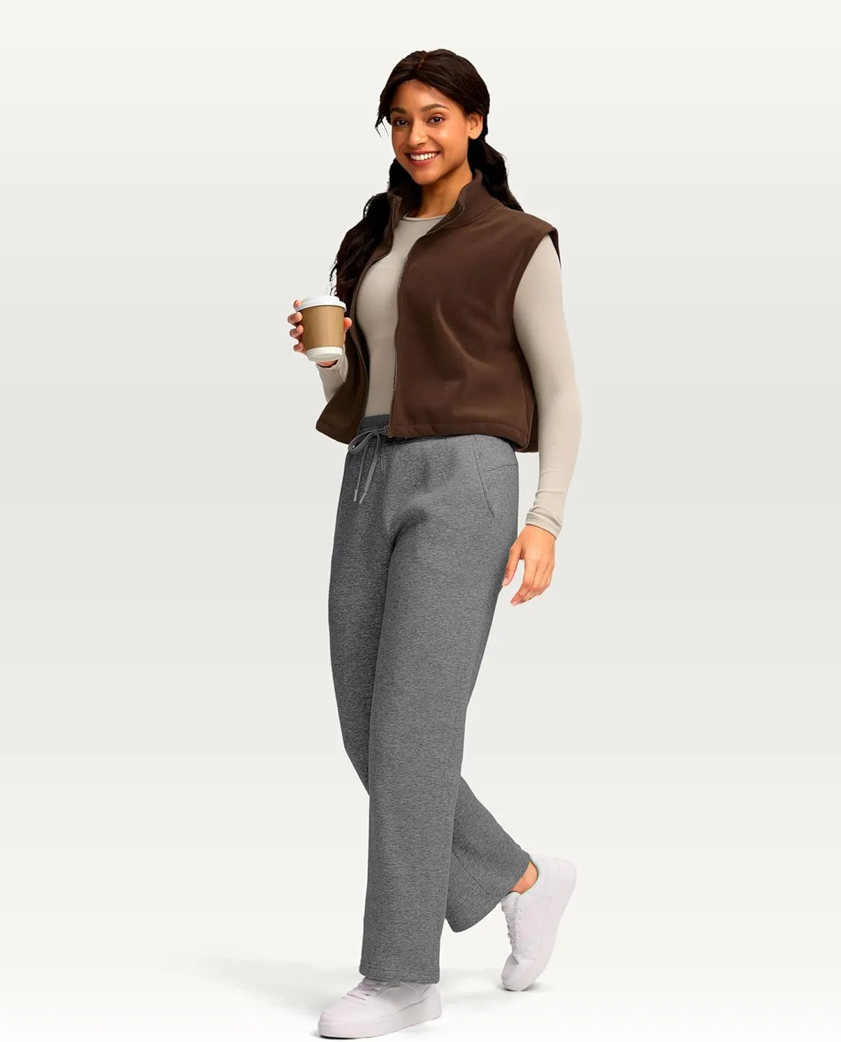 Women's Cotton Fleece Lined Straight leg Sweatpants with 3 Pocket 29" High Waisted Warm Sweatpants for Women
