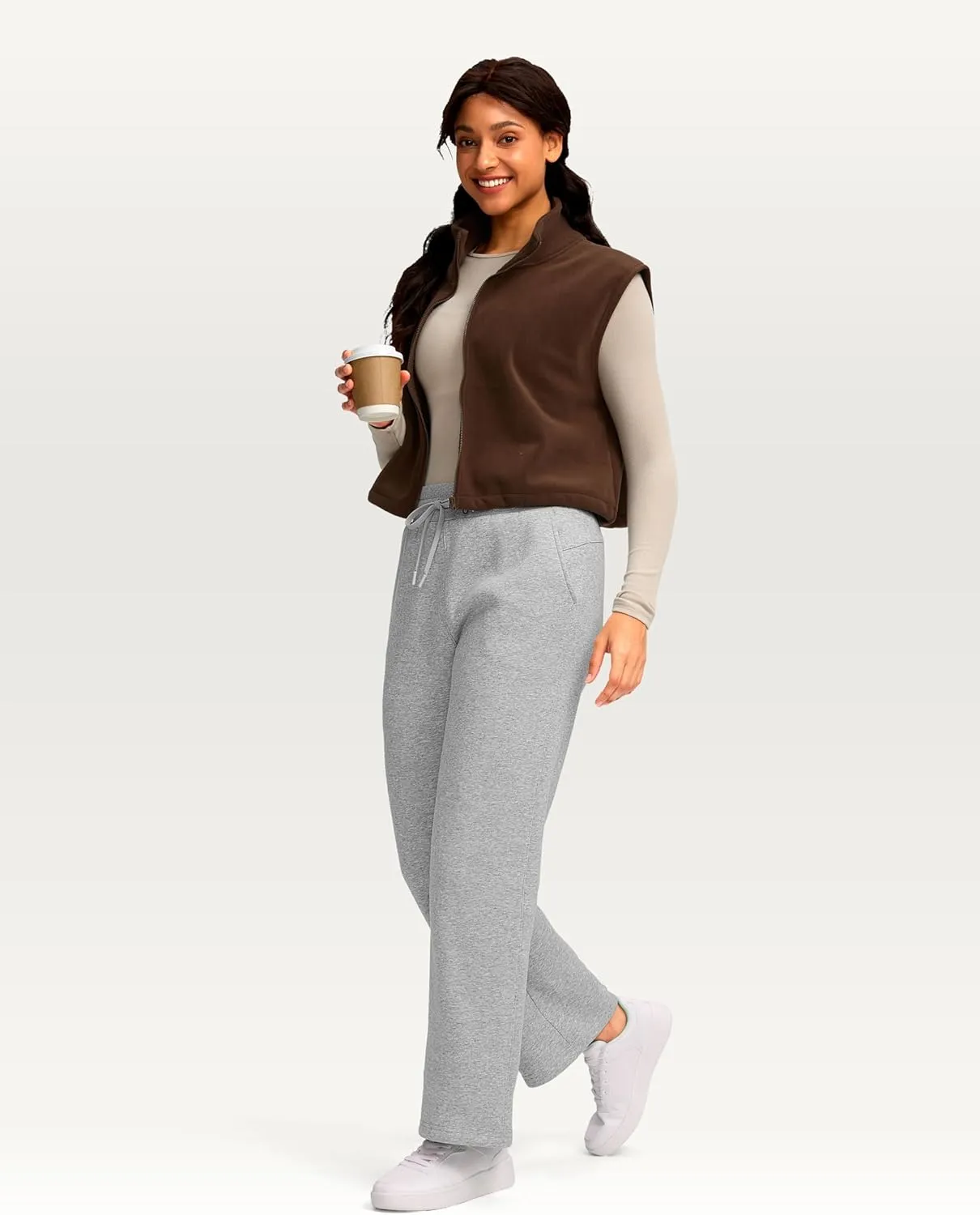 Women's Cotton Fleece Lined Straight leg Sweatpants with 3 Pocket 29" High Waisted Warm Sweatpants for Women