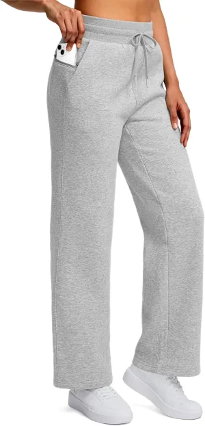 Women's Cotton Fleece Lined Straight leg Sweatpants with 3 Pocket 29" High Waisted Warm Sweatpants for Women
